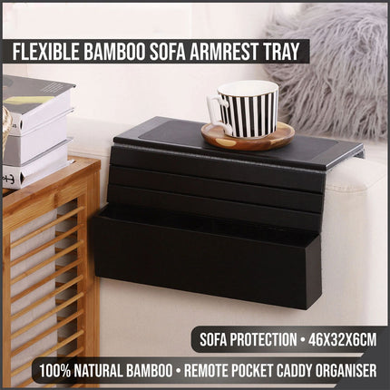 Home Flexible Bamboo Sofa Arm Tray With Remote Pocket Caddy Organiser