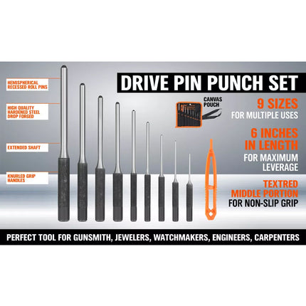9Pc Roll Pin Punch Set Bolt Catch Gun Building Removing Repair Tool