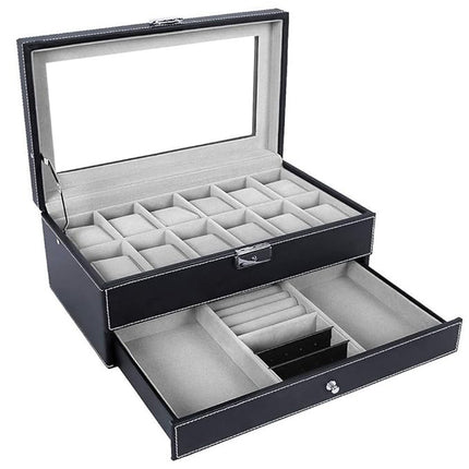 Double Layer Grids Watch Holder Box Carbon Storage Case Jewelry Display Organizer Gift
