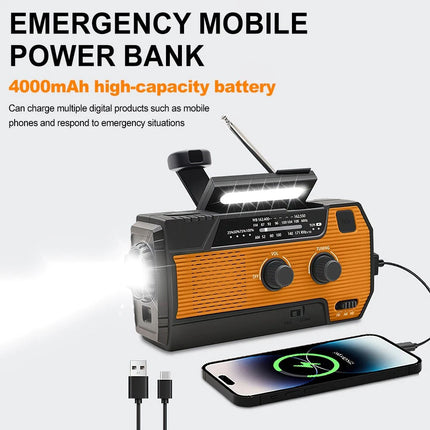Emergency Wind Up Solar Radio Hand Crank Power Bank FMAM Charger Torch 4000mAh