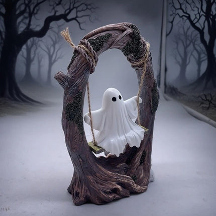 Ghost on a Tree Swing Cute Halloween Figurine for Desktop Bookshelf Garden