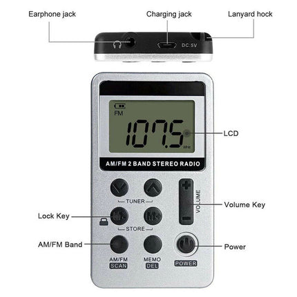 Portable FM/AM Mini Radio Pocket Receiver Digital LCD Stereo Earphone Set USB