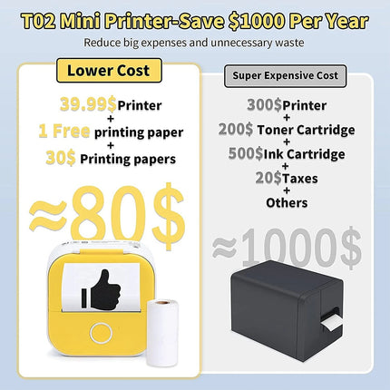 T02 Mini Pocket Bluetooth Thermal Printer Wireless Photo Inkless Sticker Yellow