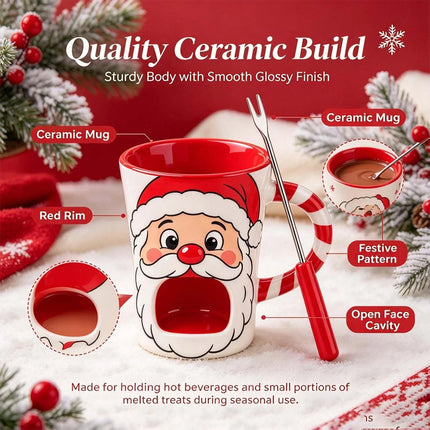Christmas Ceramic Chocolate Fondue Mug Set with Fork Festive Party Gift 130ml