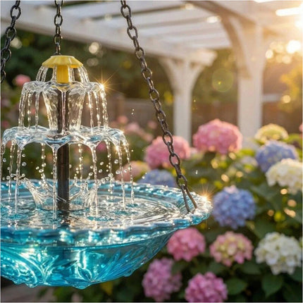 1Pcs Solar Bird Bath Fountain Hanging Glass Bowl Cascading Water Feature Wildlife