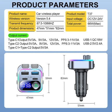 Car Wireless Bluetooth 5.0 FM Transmitter Adapter Type-C PD 66W Fast USB Charger