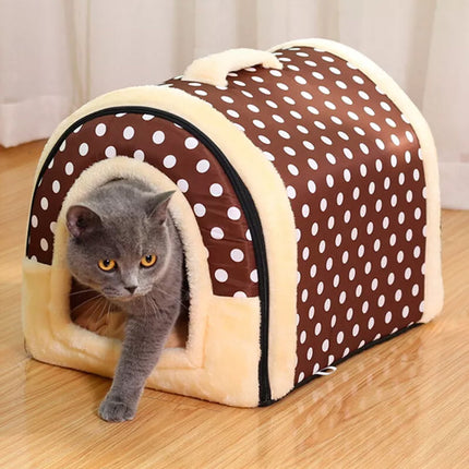 XL Cozy Soft Pet House Kennel Warm Bed Cave for Dogs & Cats Warm Nest For Pets Brown Dots