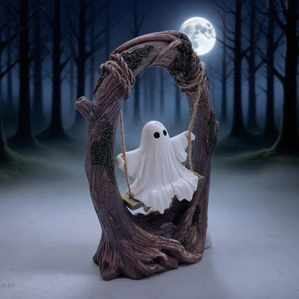 Ghost on a Tree Swing Cute Halloween Figurine for Desktop Bookshelf Garden
