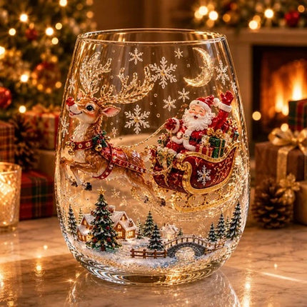 2D Christmas Glass Art Cup, Santa Snowman Reindeer Drinking Glasses Wine Glasses