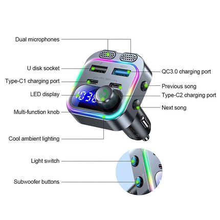 Car Wireless Bluetooth 5.0 FM Transmitter Adapter Type-C PD 66W Fast USB Charger