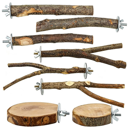 8PCS Natural Wooden Bird Perch Stand Branch, Parrot Cage Perch for Cockatiels Budgies