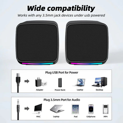 Pair Computer Speaker Loud Sound with RGB Light for PC Laptop Stereo Desktop