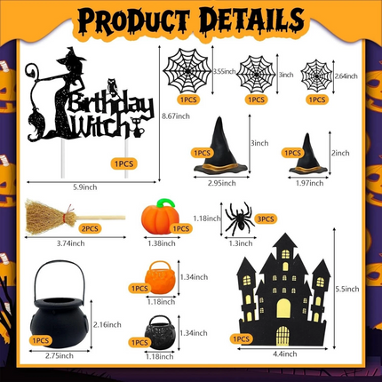 16pcs Halloween Cake Topper Set Party Supplies Witch Pumpkin Decoration