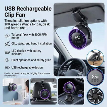 Rechargeable Turbine Clip-On Fan 100-Speed USB Desk Car Fan with LED Display