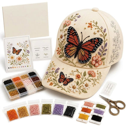 3D Beaded Orange Butterfly Hat DIY Kit Luxury Flocked Canvas Handmade Beadwork Gift Craft