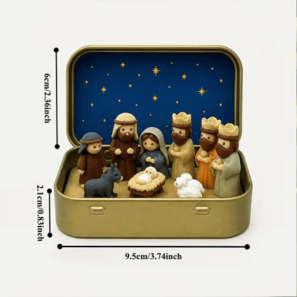 Mini Christmas Nativity Set in a Tin Box, Jesus Portable Pocket Scene Decor 3D