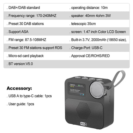 Portable Digital DAB+FM Radio & Bluetooth 5.3 Broadcasting Player Rechargeable