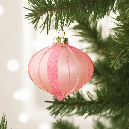 Sherwood 6 Pack Christmas Glitter Stripe Frosted Glass Mixed Shape Baubles Blush