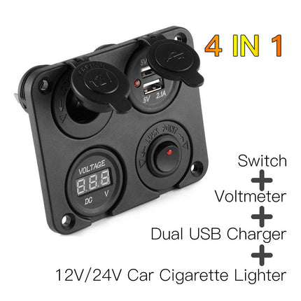 12V Switch Panel Car Cigarette Lighter Socket + Dual USB Port Charger +Voltmeter