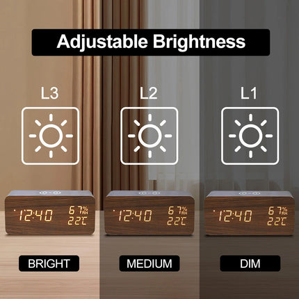 Bedside Digital Alarm Clock Indoor Temp Free Standing Wood USB & Batteries Recta