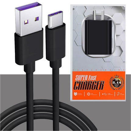 Universal USB to Type-C Fast Wall Charger Adapter with Charging Cable Black