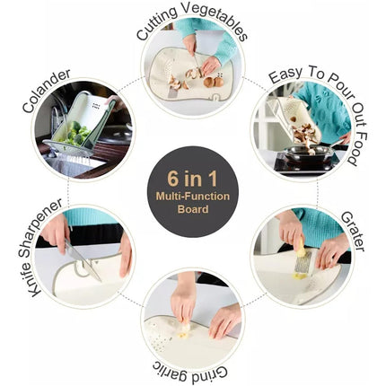 White Multi-purpose 6-in-1 Food Prep Board Portable Kitchen Cooking Tool