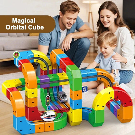 Flexible Rail Car Racing Track Set, Train Rail Cube Assembly Race Game Railway Building Kit