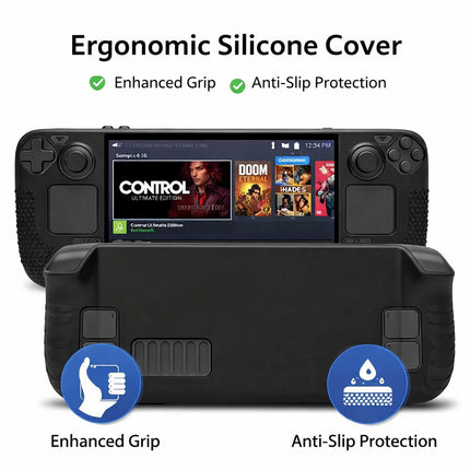 Black Silicone Protective Case Cover with 2-Pack Glass Screen Protectors for Steam Deck OLED