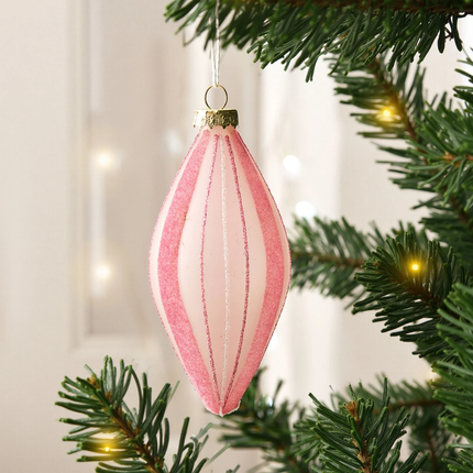 Sherwood 6 Pack Christmas Glitter Stripe Frosted Glass Mixed Shape Baubles Blush