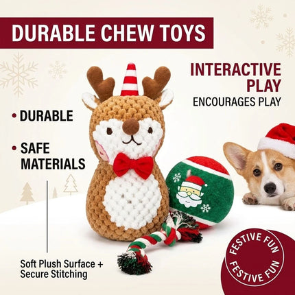 Festive Elk Christmas Dog Toy Set with Durable Cotton Rope and Soft Plush Ball Chew Toys