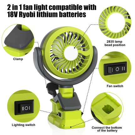 Portable Fan for Ryobi P108 18V Battery Cordless Fan with LED Light for Camping
