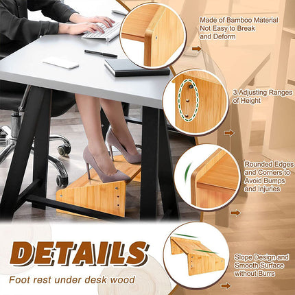 Home Office Bamboo Under Desk Footrest Adjustable Height Wooden Foot Rest Stool