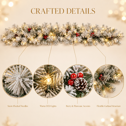 270cm Lush Snow Flocked Christmas Garland Pre-Lit LED Berry Pinecone Battery