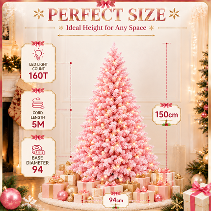 150cm Pink Snow Flocked Christmas Tree Pre-Lit  With LED Light 160 LED Warm White Xmas Decor
