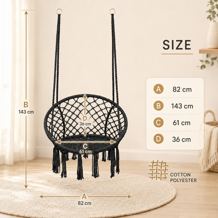 Black Boho Macrame Hammock Chair Hanging Swing Seat Indoor Outdoor Patio