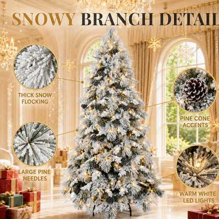150cm Snow Flocked Christmas Tree Warm 160 LEDs Light Pre Lit Pine Cone Winter Xmas Decor