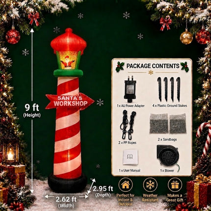 9FT Inflatable Santa's Workshop Lighthouse Snow Spray Christmas Blow Up Outdoor Decor