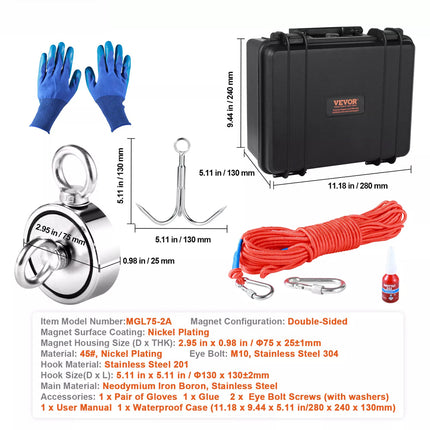 Magnet Fishing Kit 1200lbs Pulling Double Sided Fishing Magnet 2.95" Dia
