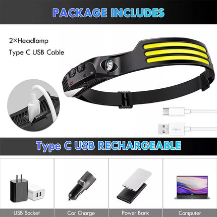 5Pcs 3COB Waterproof LED Motion Sensor Head Torch Headlight USB Rechargeable Headlamp