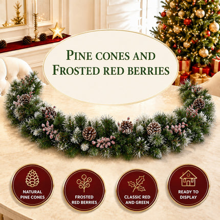 270cm Lightly Frosted Pine Christmas Garland with Pine Cones & Red Berries Decor