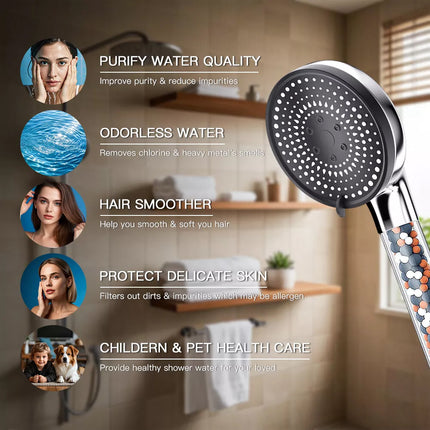 5 IN 1 Filtered Shower Head High Pressure 5 Modes Hard Water Mineral Bead