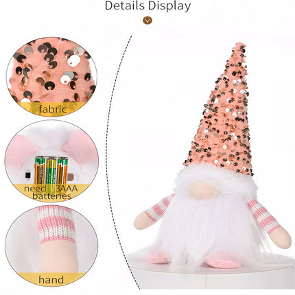Handmade Christmas Gnome with LED light Santa Elf Figurine Faceless Doll Decor (Red + Pink + Grey)