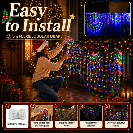 3M Solar Peacock String Net Lights Multicolour Christmas Mesh Curtain Lights Outdoor Garden Decor