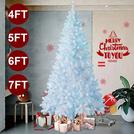 1.2/1.5M/1.8M/2.1M Christmas Tree with LED Lights Easy Assemble Bushy Xmas Decor White Tree+Blue Lights