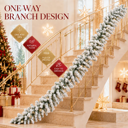 2.7m White Snow Flocked Christmas Garland Hanging Rattan Warm Light Indoor DIY Mantel Decor
