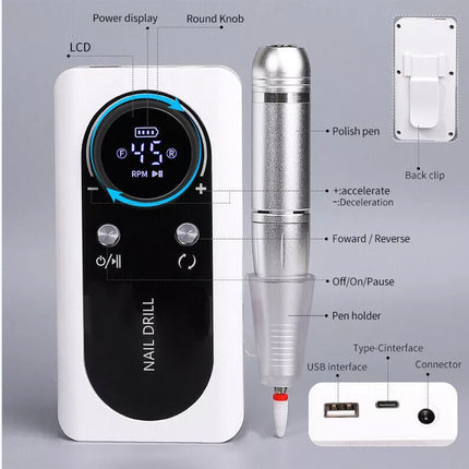 Professional Rechargeable Nail Drill File Machine 45000RPM Portable Electric
