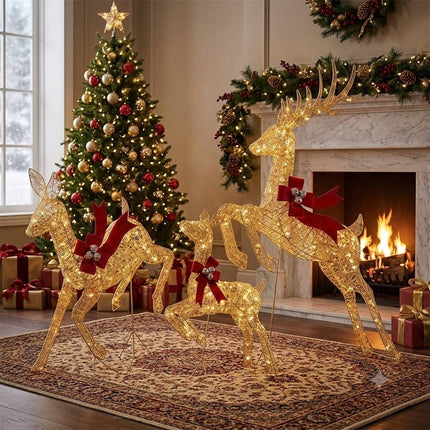 3-Piece Lighted Christmas Prancing Reindeer Family Gold Prancing Outdoor Display Stag Doe Fawn Outdoor Xmas Deer Set with Solar Panel AU Plug