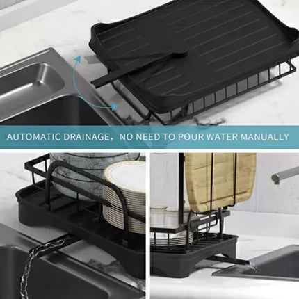 2 Tier Dish Drainer Drying Rack with Cup Holder Cutlery Tray Kitchen Organiser