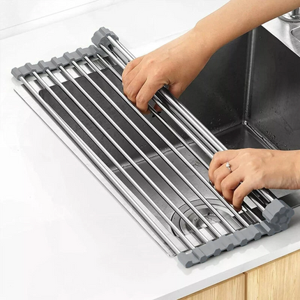 Roll Up Dish Rack Drainer Over Sink Stainless Steel Plate Holder Stand With Tray