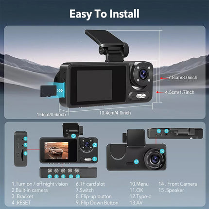 1080P Car Dash Camera DVR Video Recorder Front/Inside/Rear Three Cam G-sensor